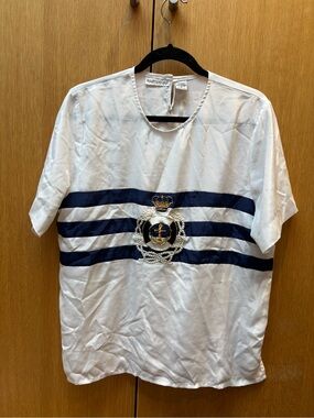 Vintage women’s White Short-Sleeve Nautical Stripe Shirt 12